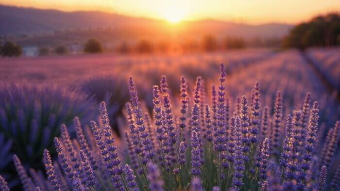 A huge purple lavender field at sunset