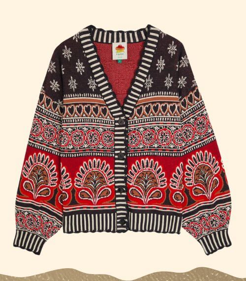 A red and black patterned plant wool cardigan