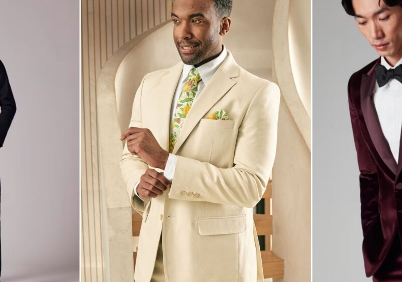 A split image showing three photos of models in vegan suits
