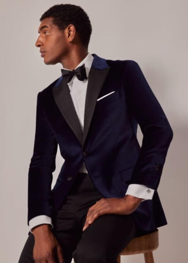 A model in a Hawes & Curtis cotton velvet vegan suit